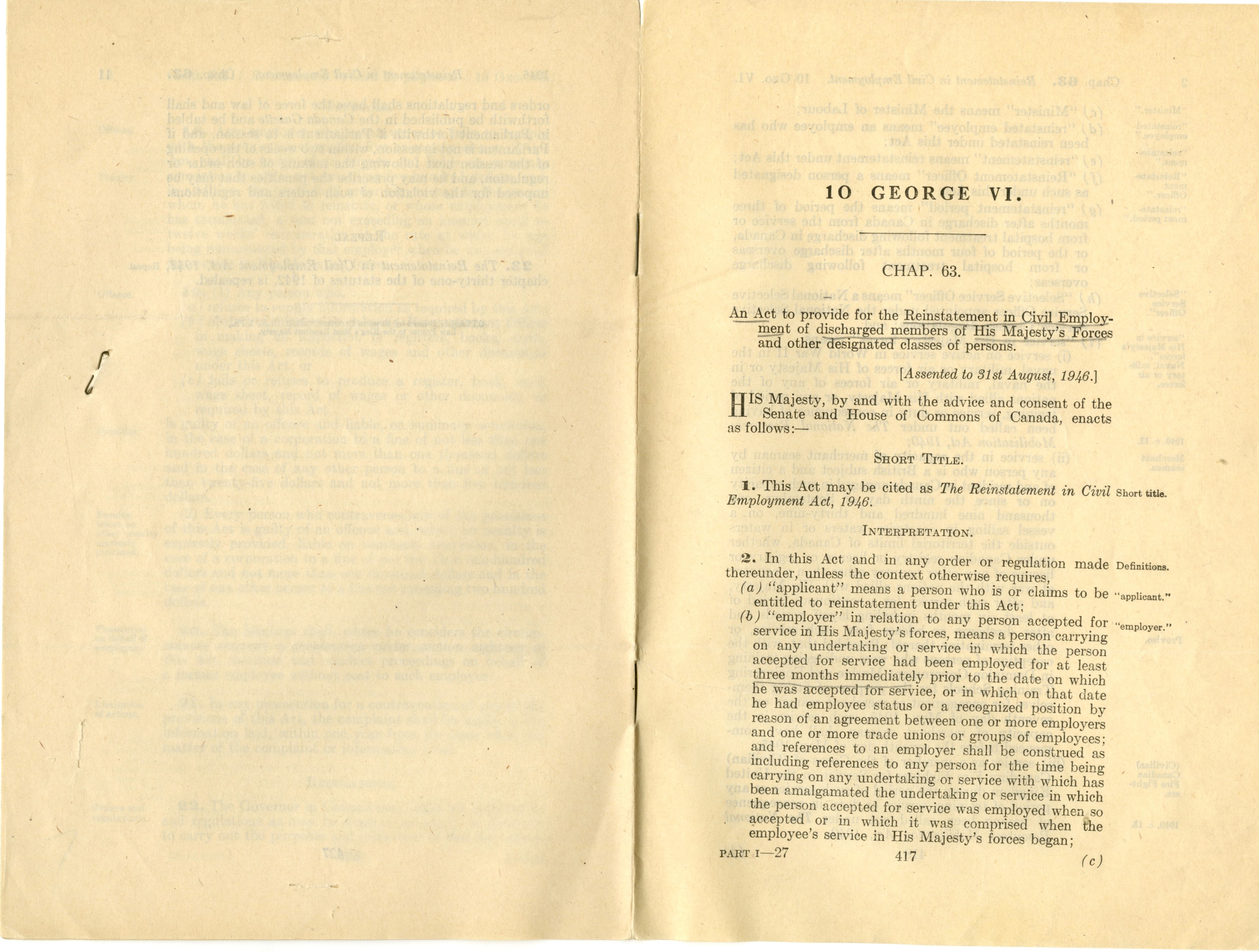 The Reinstatement in Civil Employment Act Wartime Canada